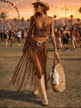 Boho Crochet Fringe Two Piece Set Brown Festival Coachella Outfit XS/S